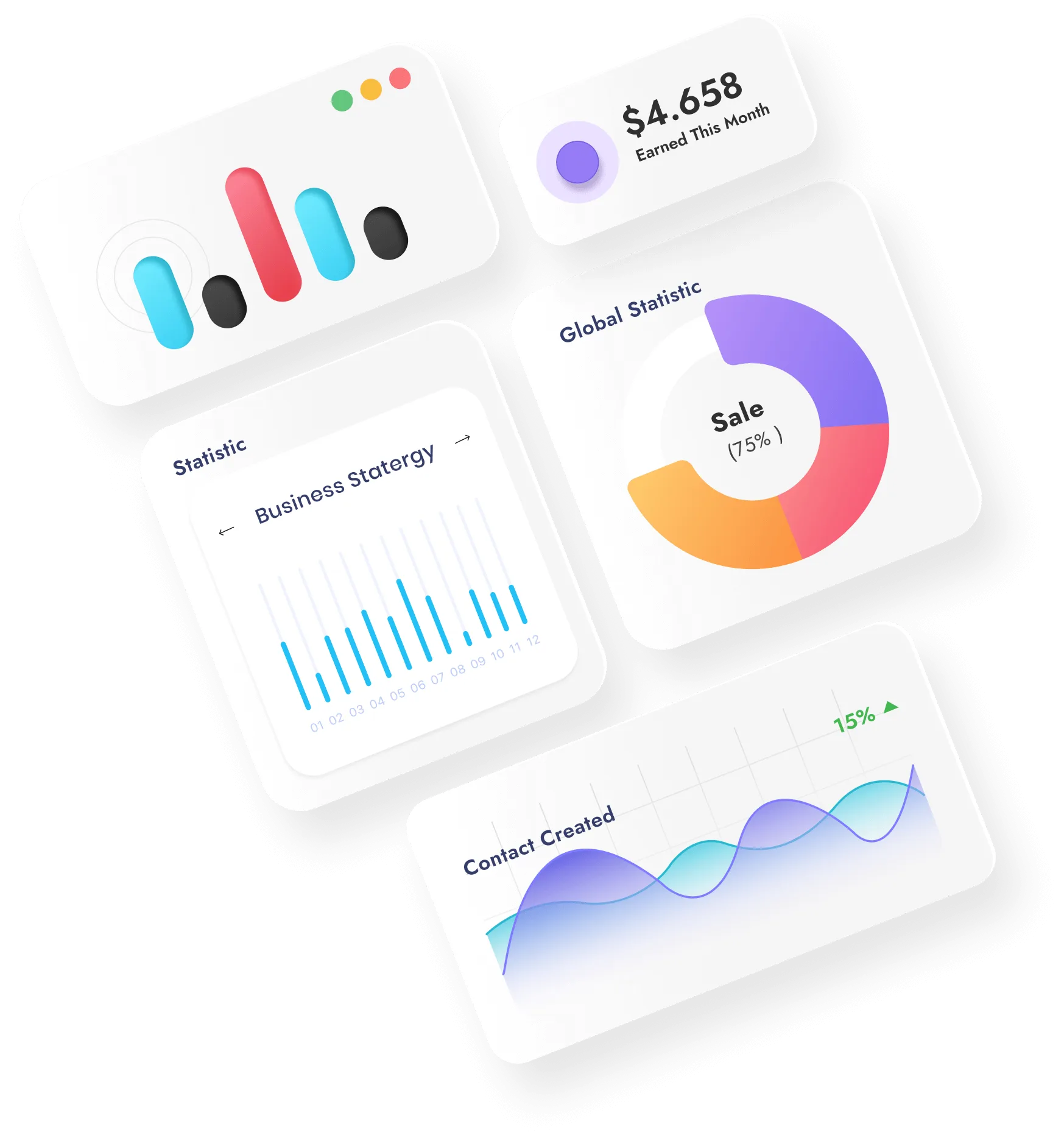 Dashboard cards showing monthly earnings, sales statistics and contacts created