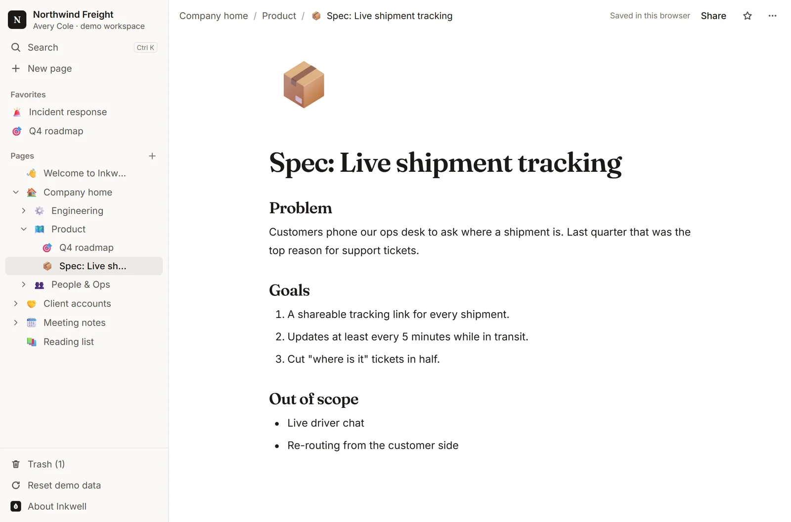 The Spec: Live shipment tracking page in the Inkwell demo, nested under Company home and Product.