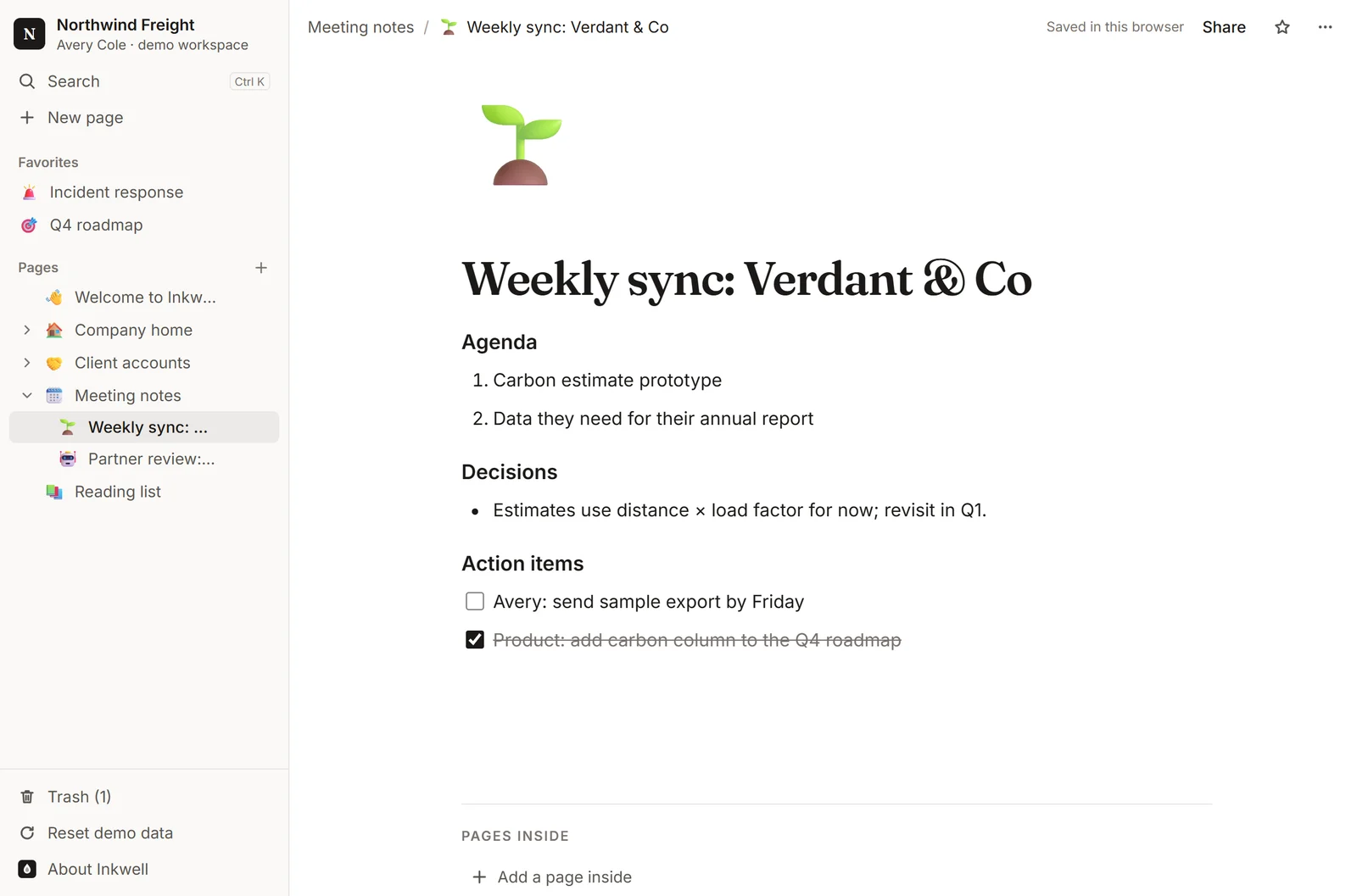 The Weekly sync: Verdant & Co meeting note open in the Inkwell demo, with a numbered agenda.