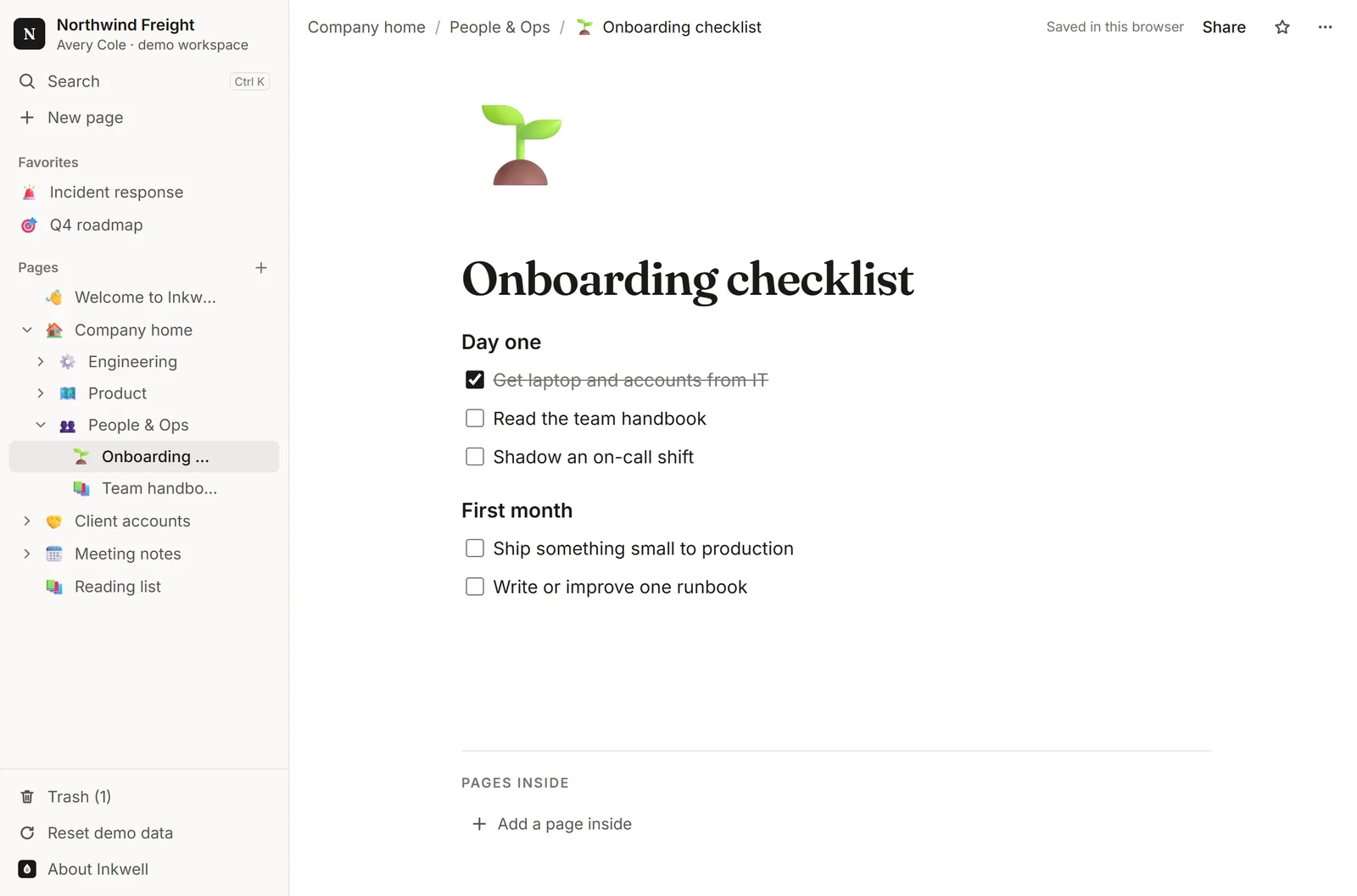 The Onboarding checklist page in the Inkwell demo, with day-one and first-month to-dos.