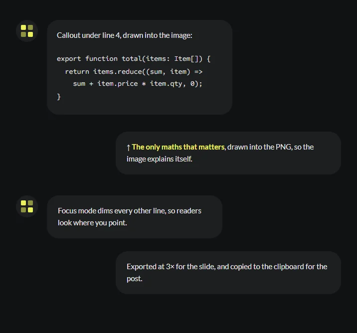 Notes beside a TypeScript function: a callout under line 4, focus mode, and a 3× export copied to the clipboard.