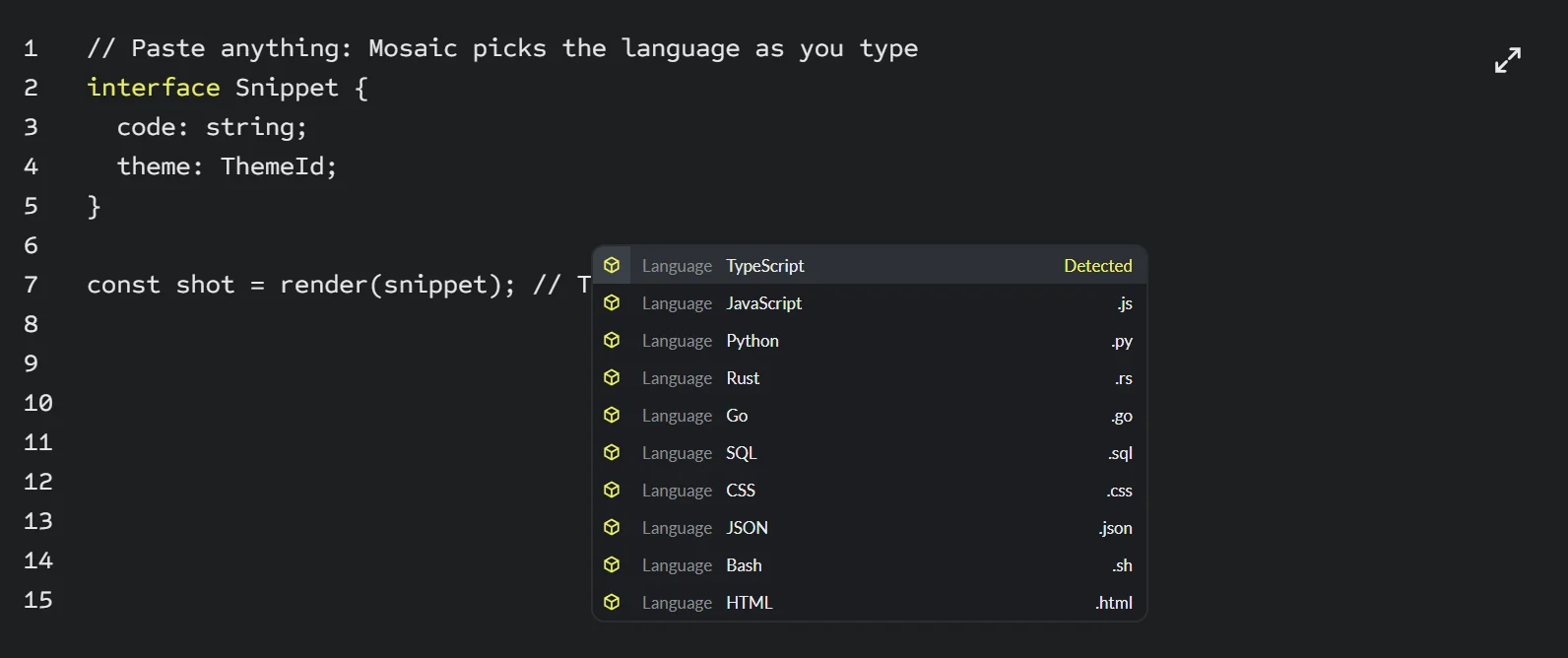 A TypeScript snippet with a language list open beside it: TypeScript marked as detected, then JavaScript, Python, Rust, Go, SQL, CSS, JSON, Bash and HTML.