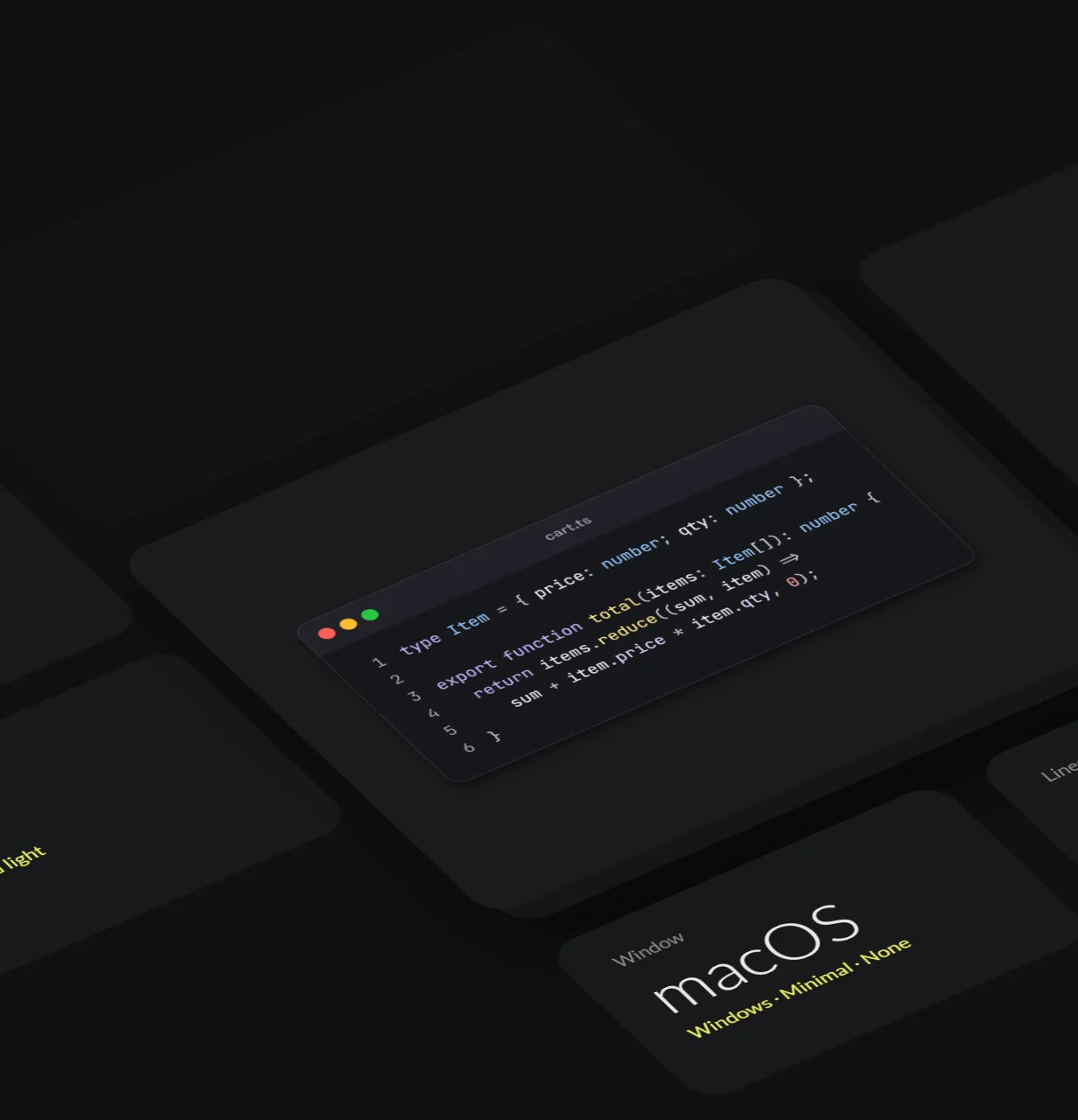 A TypeScript total() function rendered by Mosaic in the Graphite theme with macOS window chrome and line numbers.