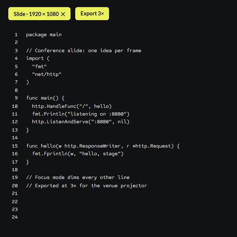 A Go snippet ready for a talk, tagged with the 1920 × 1080 slide preset and a 3× export.