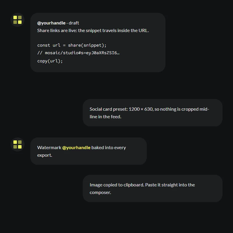 A draft post sharing a code snippet, with notes on the 1200 × 630 social preset, a @yourhandle watermark and copy to clipboard.