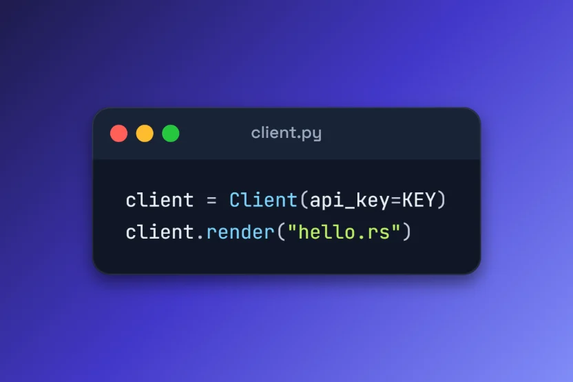 The Docs header template: two lines of Python in a navy window on an indigo gradient.