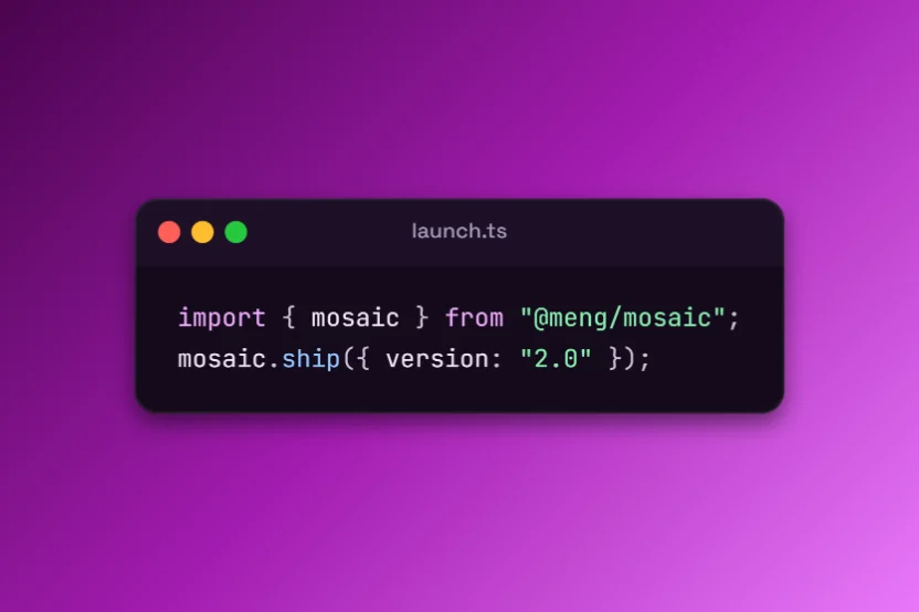 The Launch post template: two lines of TypeScript in a macOS window on a purple gradient.