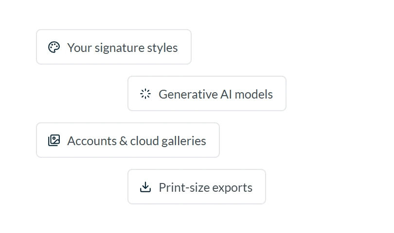 What the full version adds: your signature styles, generative AI models, accounts and cloud galleries, and print-size exports.