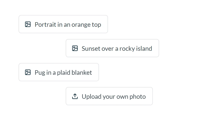 Sample photo choices in the studio: a portrait in an orange top, a sunset over a rocky island, a pug in a plaid blanket, or upload your own photo.