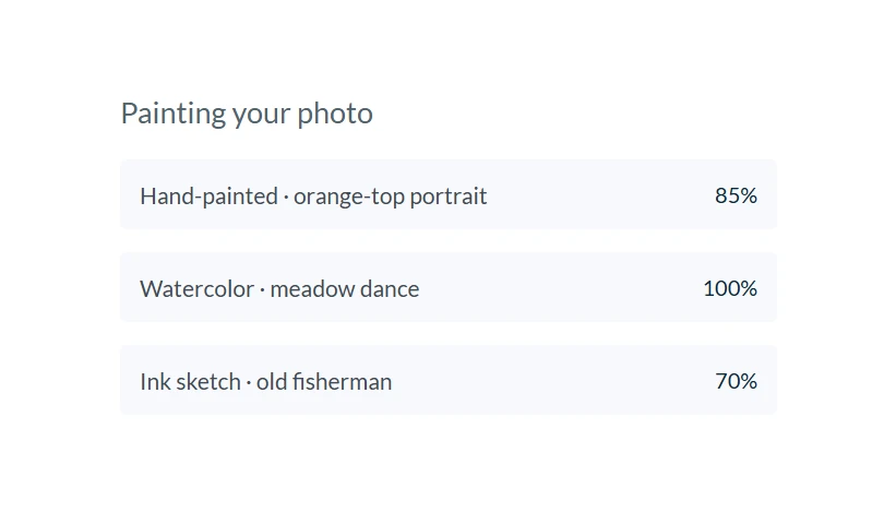 A list of paintings with their intensity: hand-painted at 85%, watercolor at 100% and ink sketch at 70%.