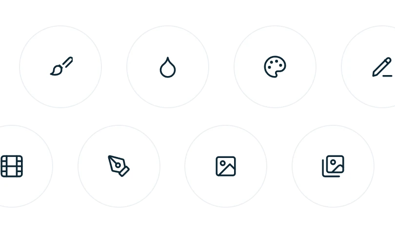 Round icons for the painting styles: brush, watercolor drop, palette, pastel chalk, film and pen.
