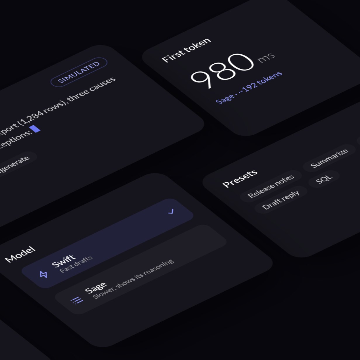 Cards from the live demo: a streaming reply, its stats, and the model picker