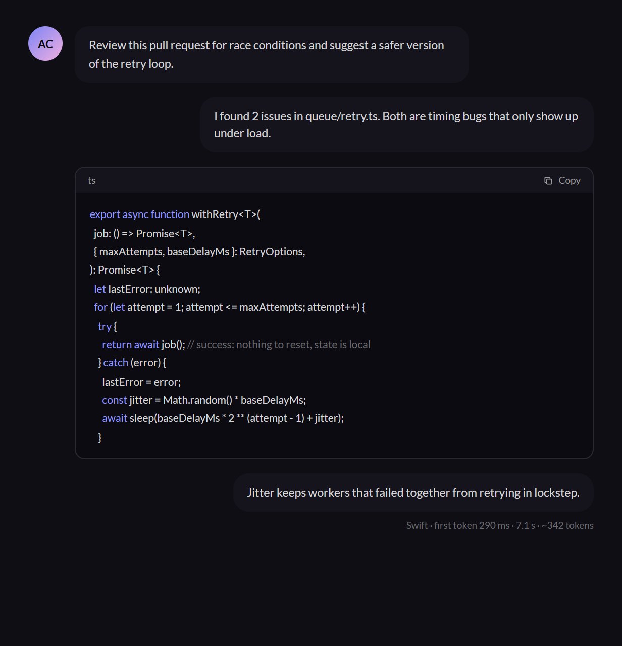 A code review conversation from the demo with a safer retry loop
