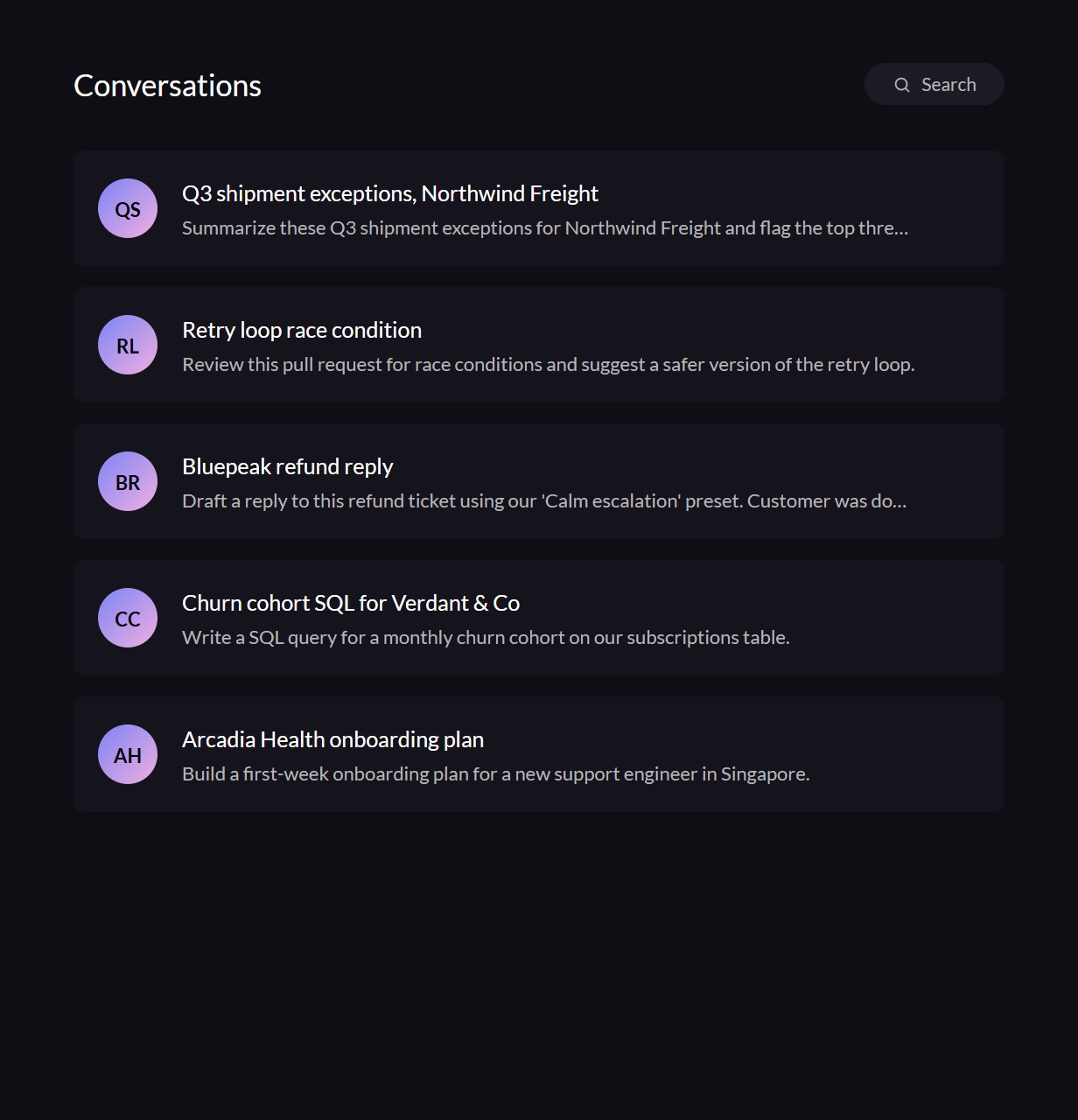 The conversation list from the demo workspace
