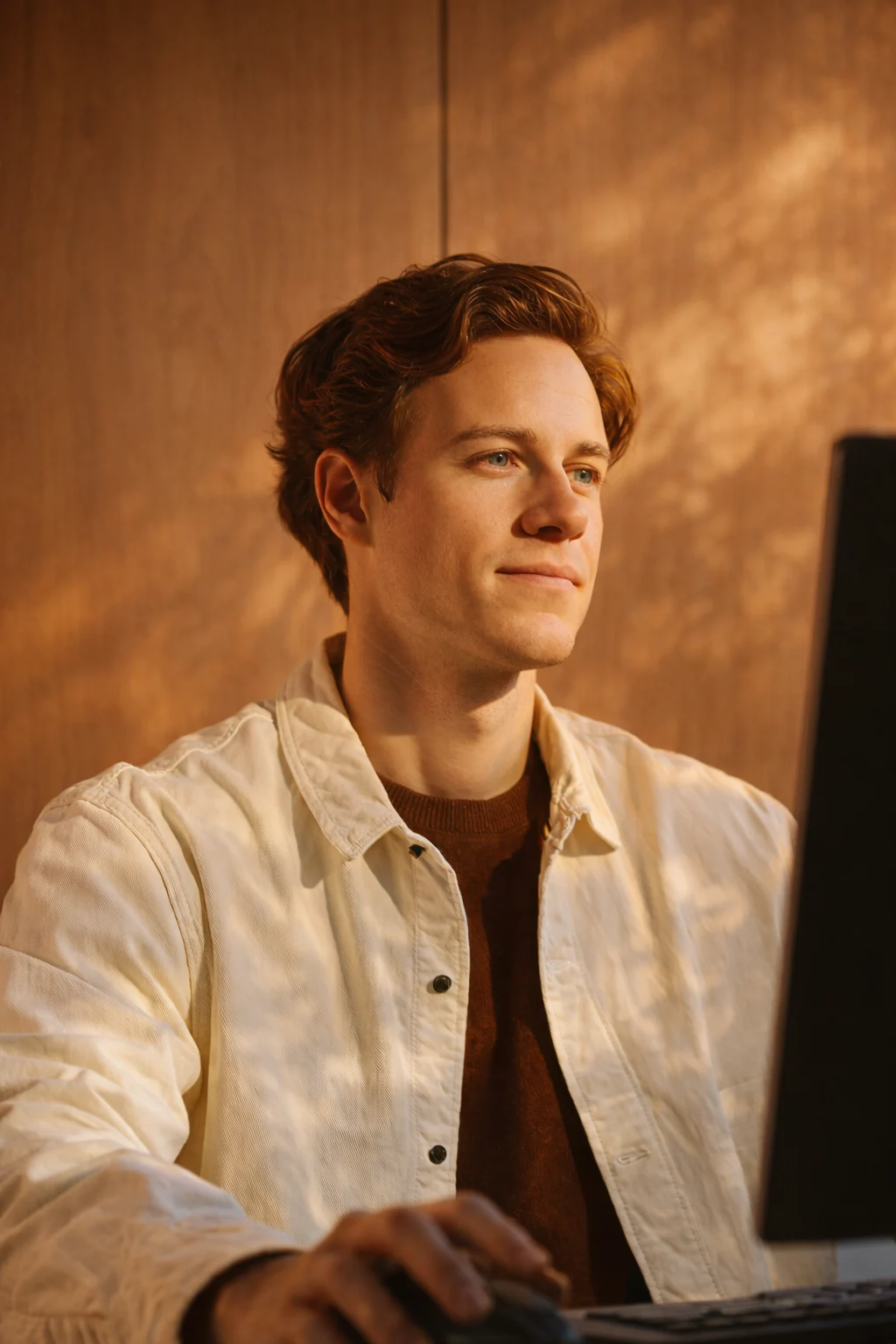 Young man with brown hair in a beige jacket working at a computer in soft, warm light.