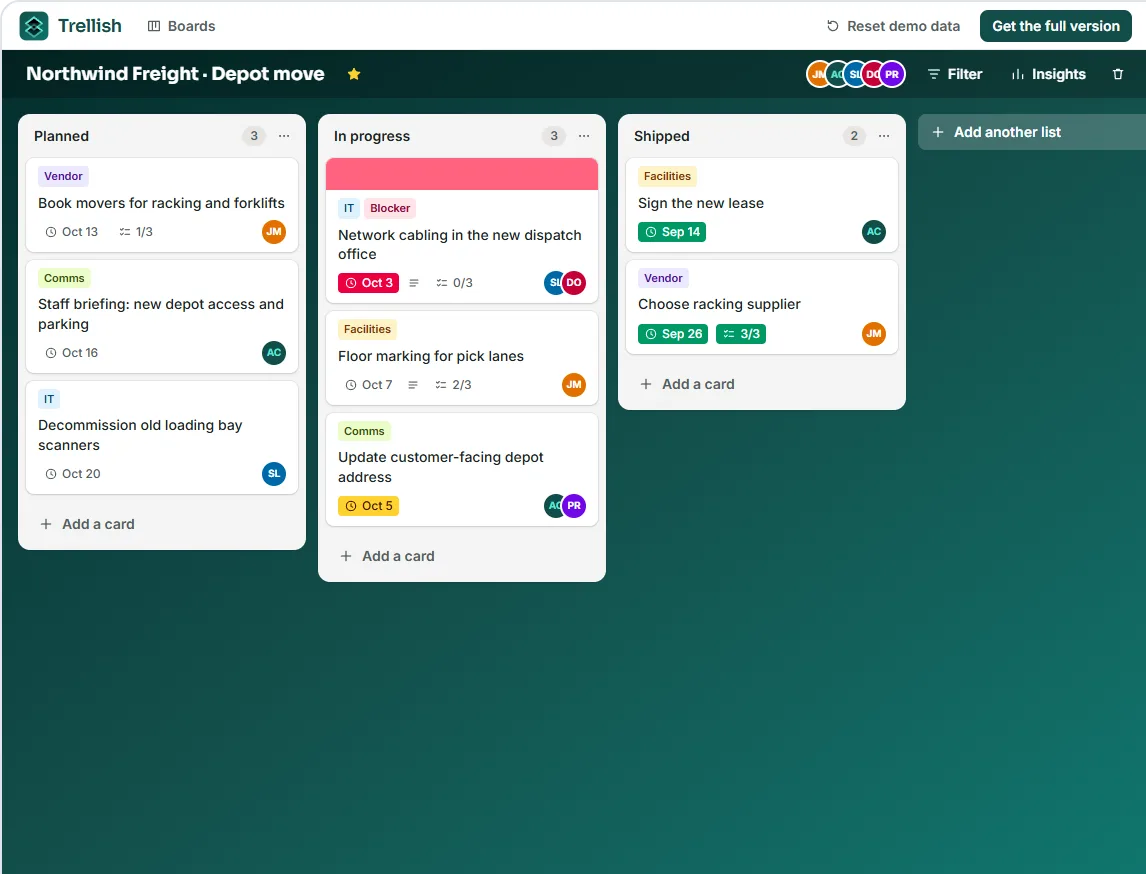 A Trellish board in the live demo, with cards in Planned, In progress and Shipped lists