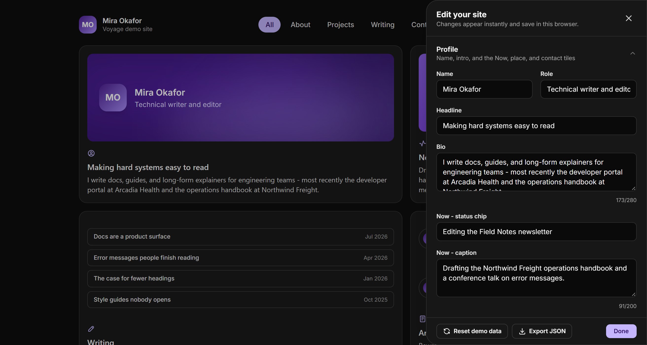 The Voyage demo with its editor open: profile fields on the right, the page updating behind them.