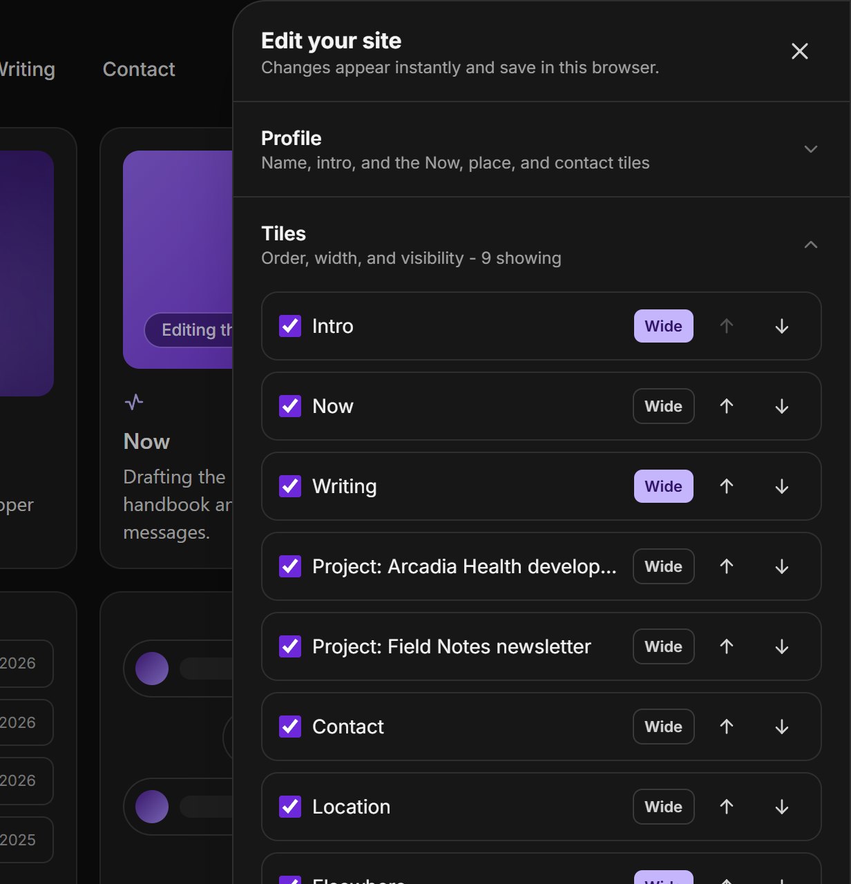 The editor's Tiles list: each tile has a show checkbox, a Wide toggle, and up and down arrows.